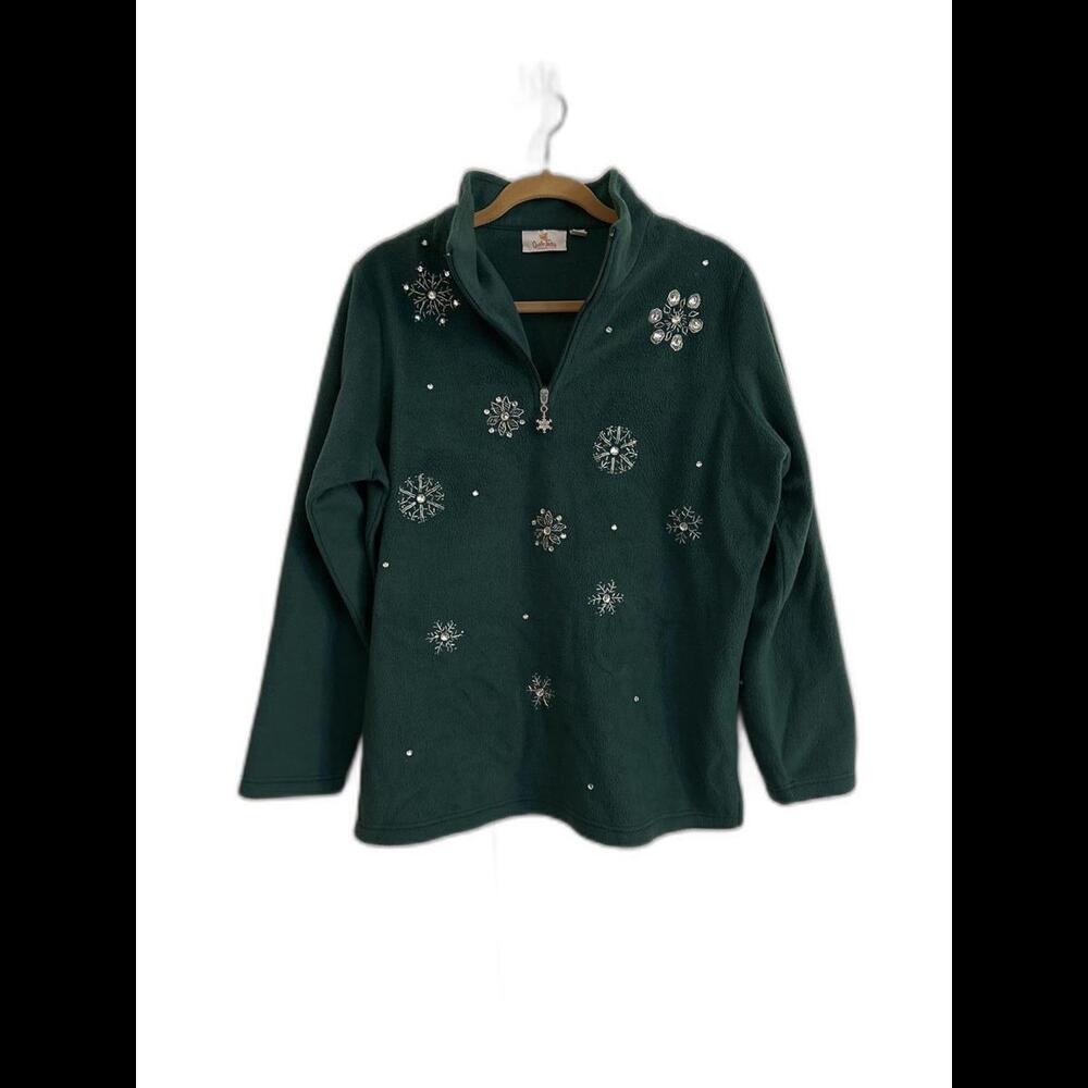 Quacker Factory Green Fleece Quarter zip with snowflake detail and pull
